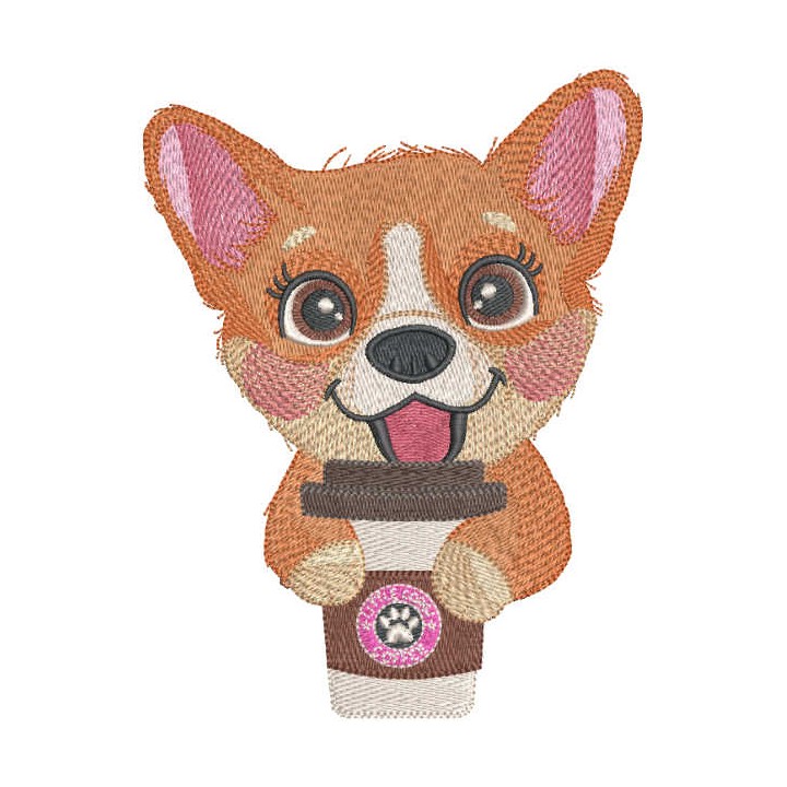 Corgi with coffee cup embroidery design - Embroidery Design