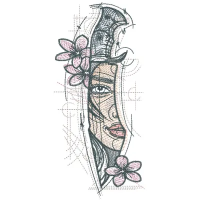 Huntress's knife embroidery design featuring intricate patterns and vibrant colors, perfect for girls and women.