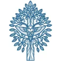 Blue tree and owl embroidery design preview showing stitched details