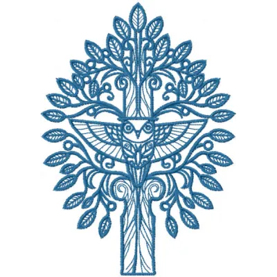 Blue tree and owl embroidery design preview showing stitched details