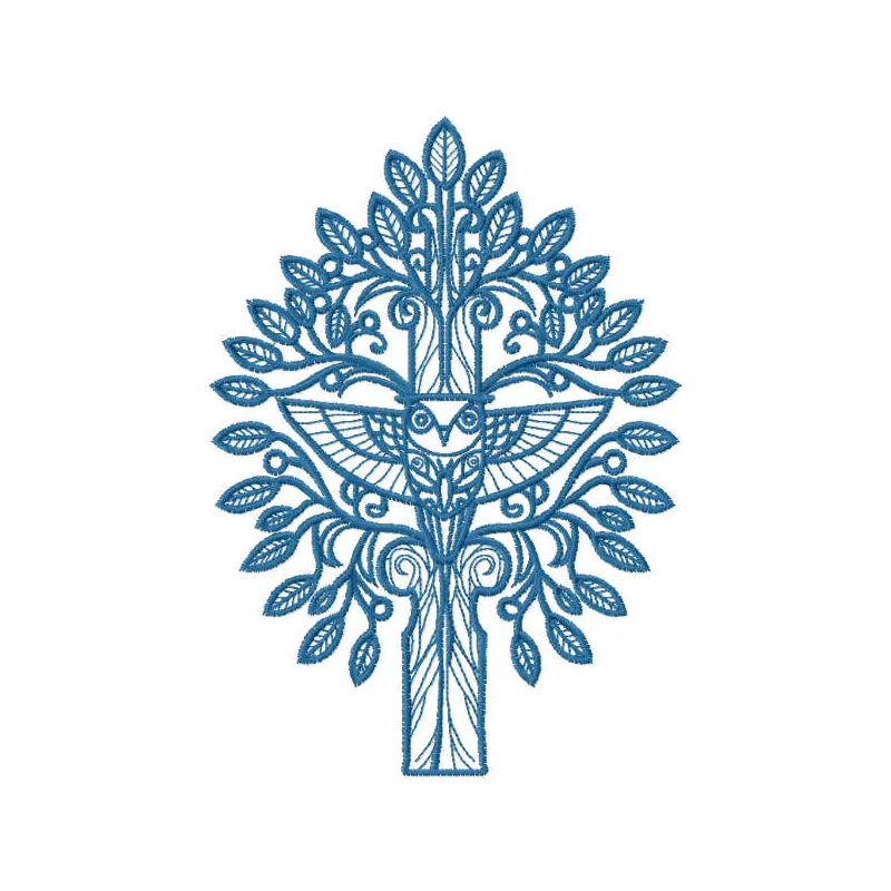 Blue tree and owl embroidery design preview showing stitched details