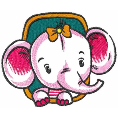 Baby elephant in window embroidery design preview showing stitched elephant looking out