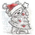 Santa teddy bear featuring a greyscale sketch embroidery design of a Christmas tree.