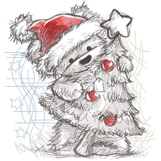 Santa teddy bear with Christmas tree greyscale sketch embroidery design - Embroidery Design