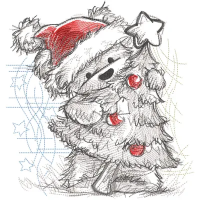 Santa teddy bear featuring a greyscale sketch embroidery design of a Christmas tree.