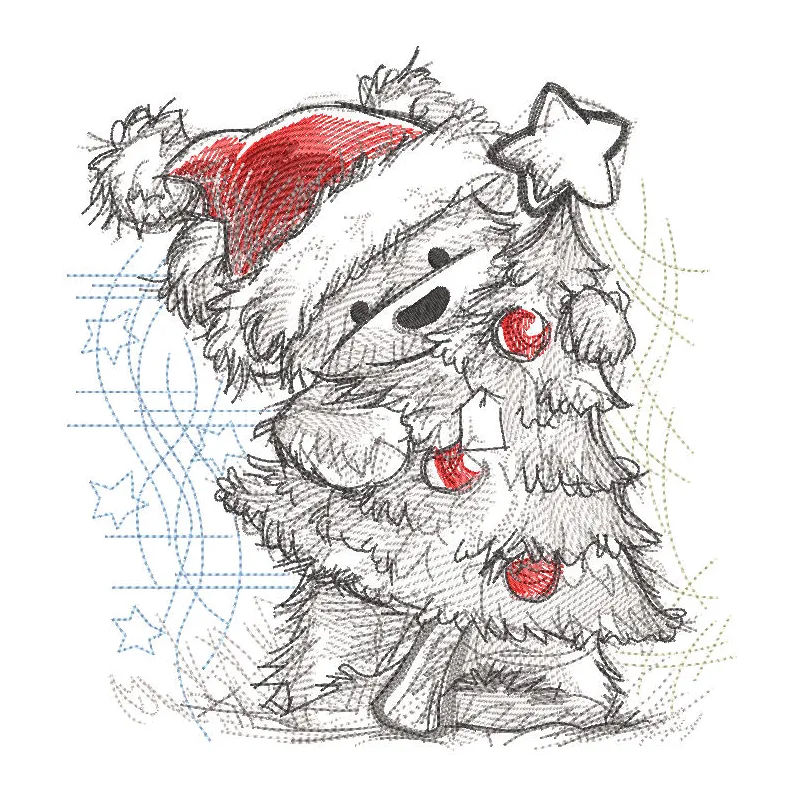 Santa teddy bear featuring a greyscale sketch embroidery design of a Christmas tree.