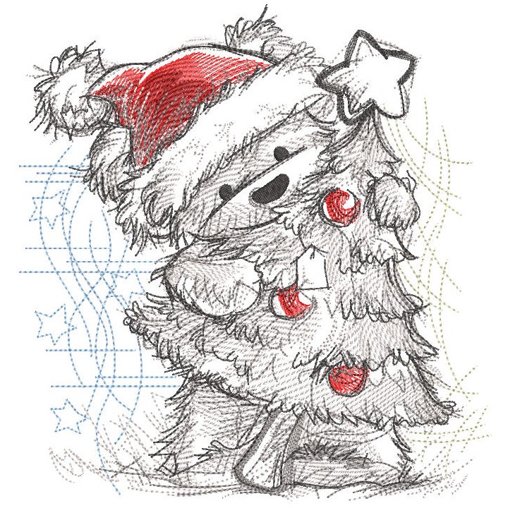 Santa teddy bear with Christmas tree greyscale sketch embroidery design - Embroidery Design