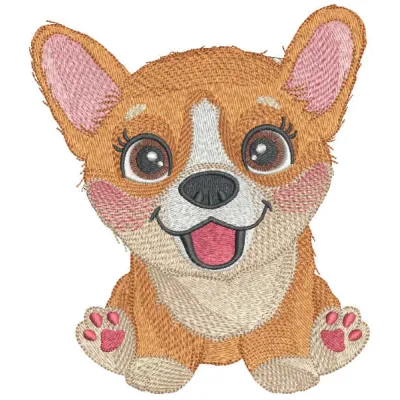 Corgi puppy embroidery design preview showing cute stitched dog pattern