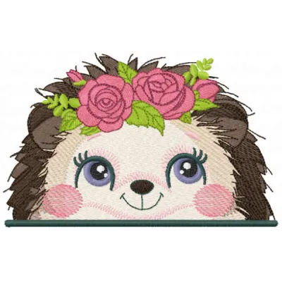 Hedgehog with roses embroidery design preview showing detailed stitching pattern