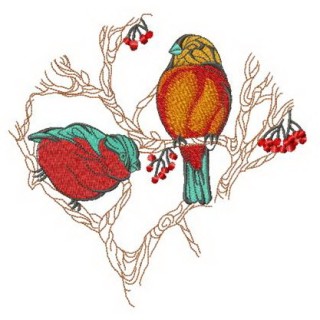 Rowan and two bullfinches embroidery design - Embroidery Design