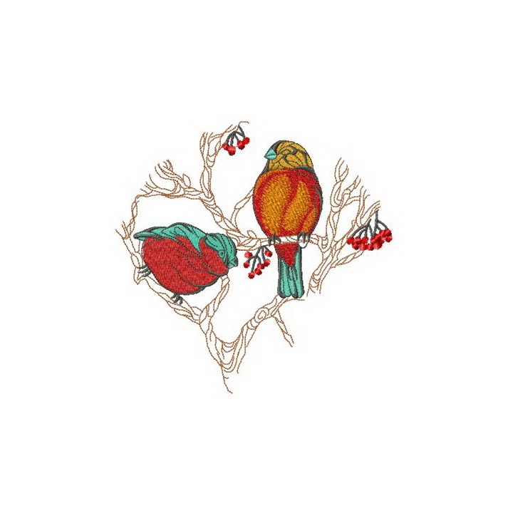 Rowan and two bullfinches embroidery design - Embroidery Design