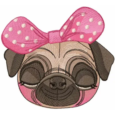Pug dog girl embroidery design preview showing stitched pattern