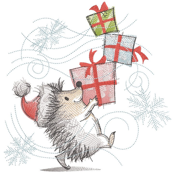 Hedgehog is bringing Christmas gifts embroidery design - Embroidery Design