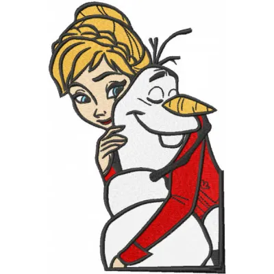 Anna hugs Olaf embroidery design preview showing stitched pattern