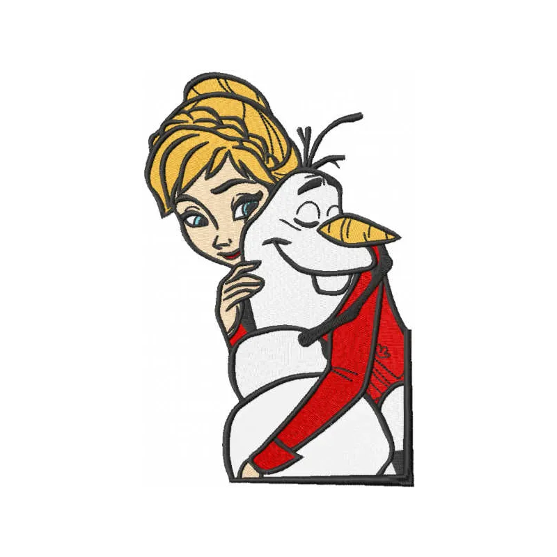 Anna hugs Olaf embroidery design preview showing stitched pattern