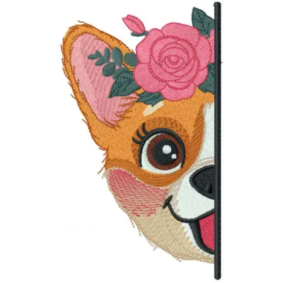 Corgi hiding embroidery design preview showing playful dog stitching pattern