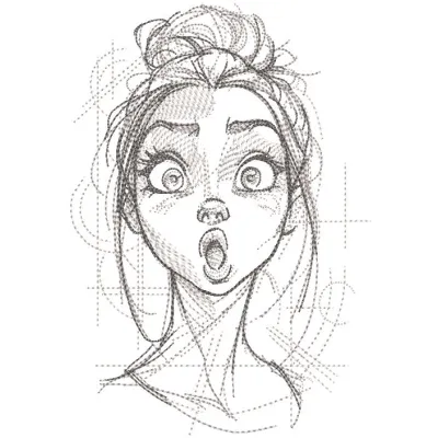 Surprised girl sketch embroidery design featuring a whimsical illustration of a girl with wide eyes and an open mouth.