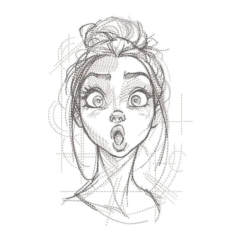 Surprised girl sketch embroidery design featuring a whimsical illustration of a girl with wide eyes and an open mouth.