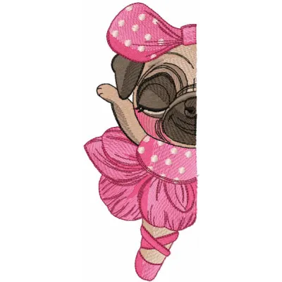 Pug dog funny ballerina embroidery design preview showing a whimsical dancing pug in tutu