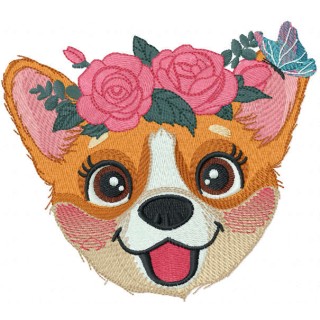 Corgi muzzle with flower wreath embroidery design - Embroidery Design