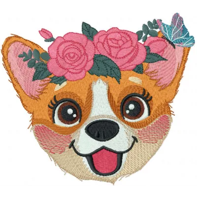Corgi muzzle with flower wreath embroidery design preview