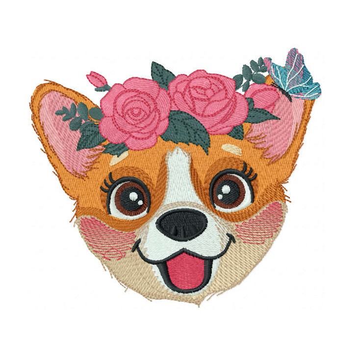 Corgi muzzle with flower wreath embroidery design - Embroidery Design