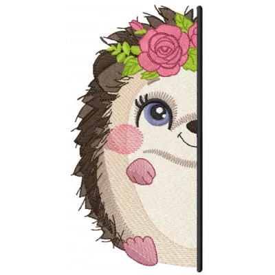 Hedgehog outside the door embroidery design preview showing detailed stitching pattern