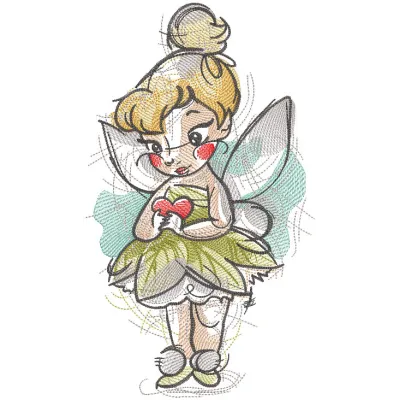 Tinkerbell with heart sketch embroidery design featuring a whimsical Tinkerbell illustration and delicate heart motifs.