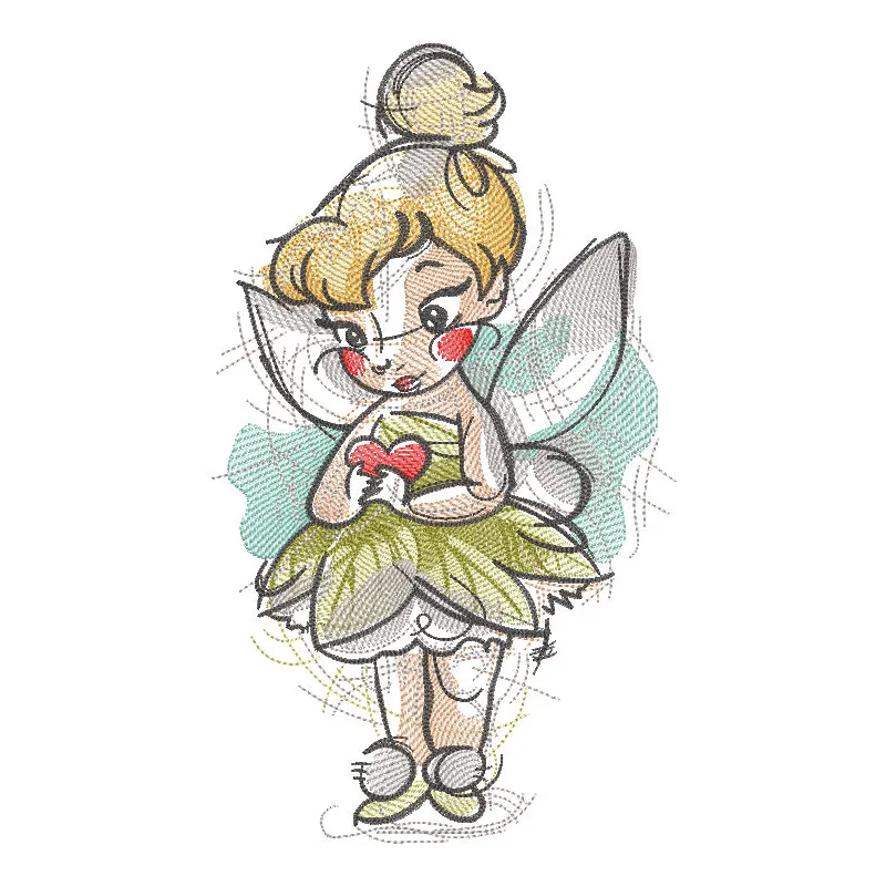Tinkerbell with heart sketch embroidery design featuring a whimsical Tinkerbell illustration and delicate heart motifs.