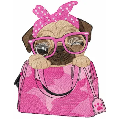 Pug dog of my purse embroidery design preview showing stitched pug illustration