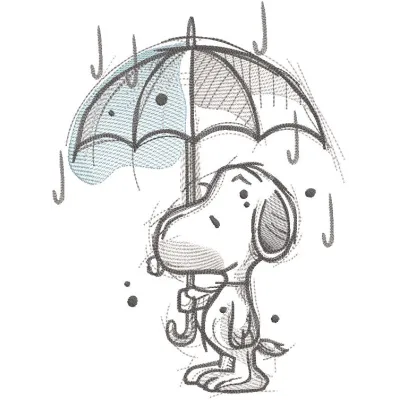 Snoopy holding an umbrella in the rain, detailed embroidery design showcasing his playful character.