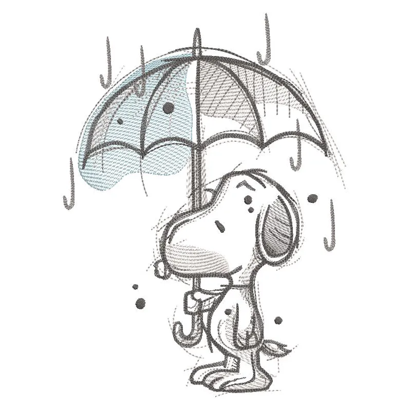 Snoopy holding an umbrella in the rain, detailed embroidery design showcasing his playful character.