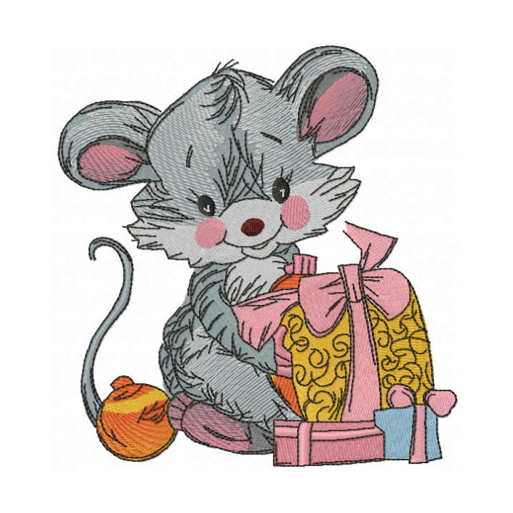 Cute mouse with gift box embroidery design - Embroidery Design