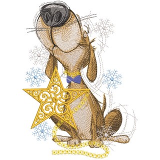 Dog with gold christmas star embroidery design - Embroidery Design