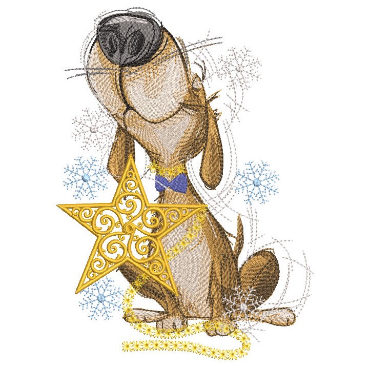 Dog with gold christmas star embroidery design - Embroidery Design