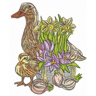 Duck family and daffodils embroidery design - Embroidery Design