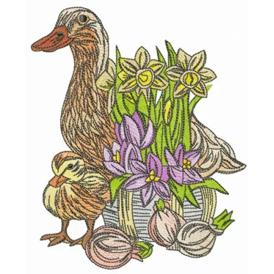 Duck family and daffodils embroidery design with yellow flowers and duckling stitches