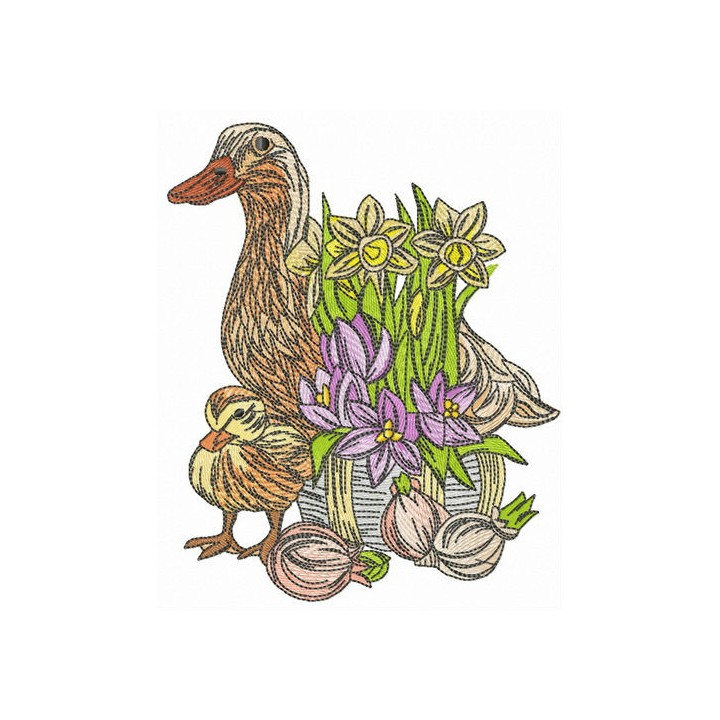 Duck family and daffodils embroidery design - Embroidery Design