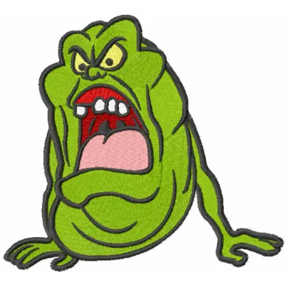 Green Ghostbuster embroidery design preview showing stitched monster character