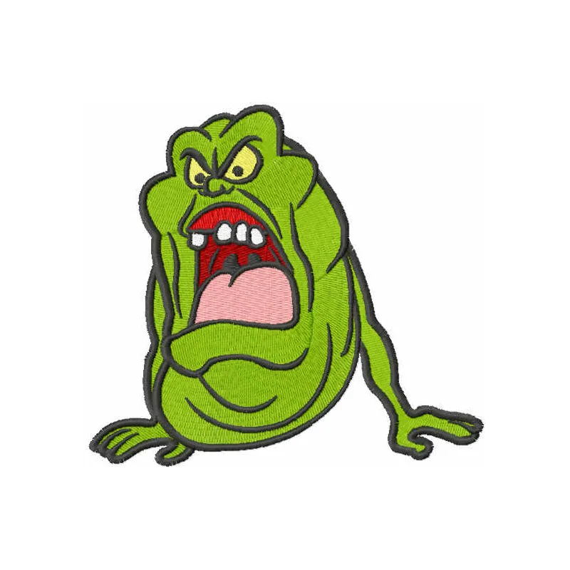 Green Ghostbuster embroidery design preview showing stitched monster character