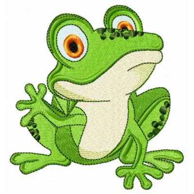 Frog waving paw embroidery design preview showing cute amphibian character with raised paw gesture