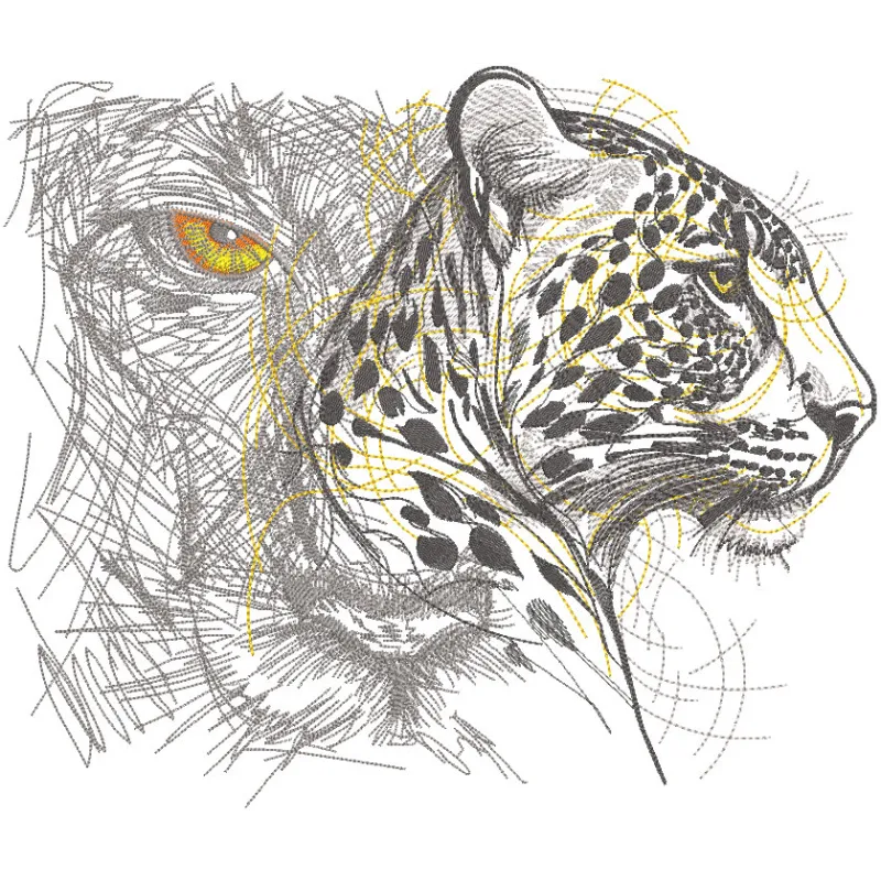 Embroidered design featuring two big cats, showcasing intricate details and vibrant colors, representing African wildlife.