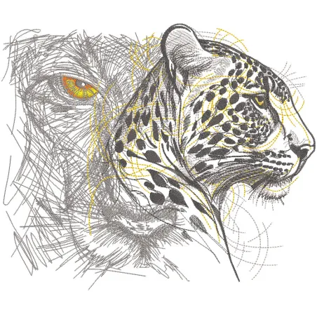 Embroidered design featuring two big cats, showcasing intricate details and vibrant colors, representing African wildlife.