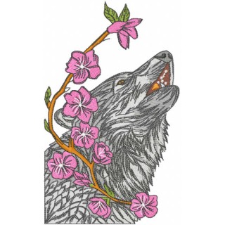 Wolf and branch with flowers embroidery design - Embroidery Design