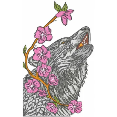 Wolf and branch with flowers embroidery design preview showing detailed stitching pattern