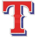 Texas Rangers primary logo embroidery design featuring the iconic 'T' and star in vibrant colors on a white background.