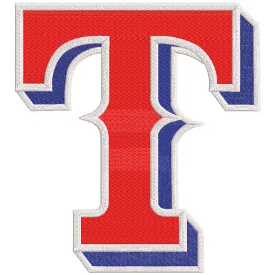 Texas Rangers primary logo embroidery design featuring the iconic 'T' and star in vibrant colors on a white background.