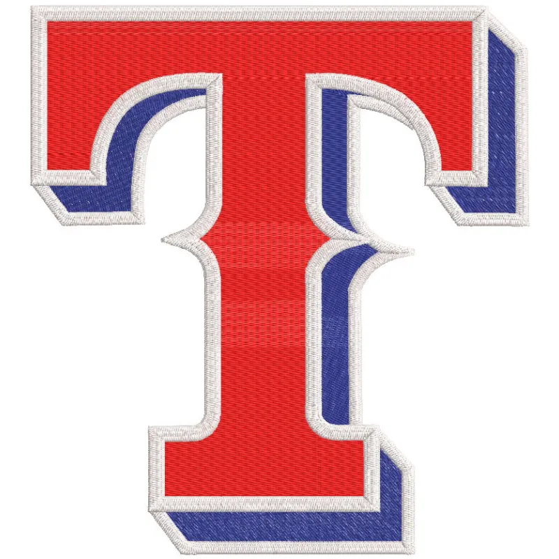 Texas Rangers primary logo embroidery design featuring the iconic 'T' and star in vibrant colors on a white background.