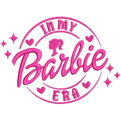 Barbie in my era embroidery design preview showing pink stitched lettering