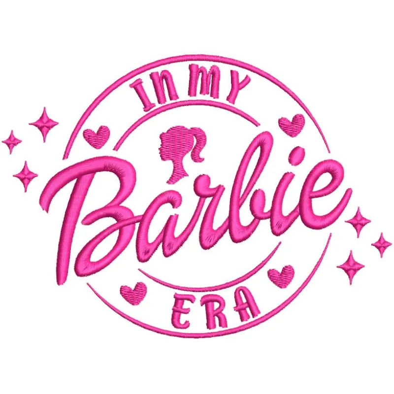 Barbie in my era embroidery design preview showing pink stitched lettering
